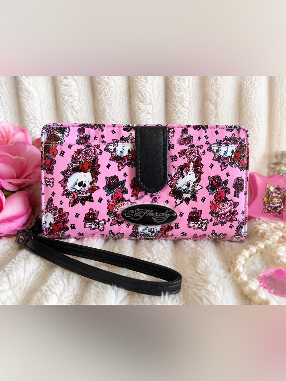 Ed Hardy Pink Floral Skull Print Wristlet Wallet with black trim